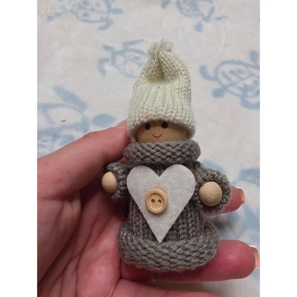 Handmade Wooden Peg Doll Ornament Knit Grey Sweater Heart Button Christmas Decor